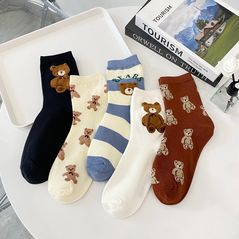 Dongdaemun new autumn and winter socks women's bear flocking cotton mid-calf socks INS navy blue striped socks