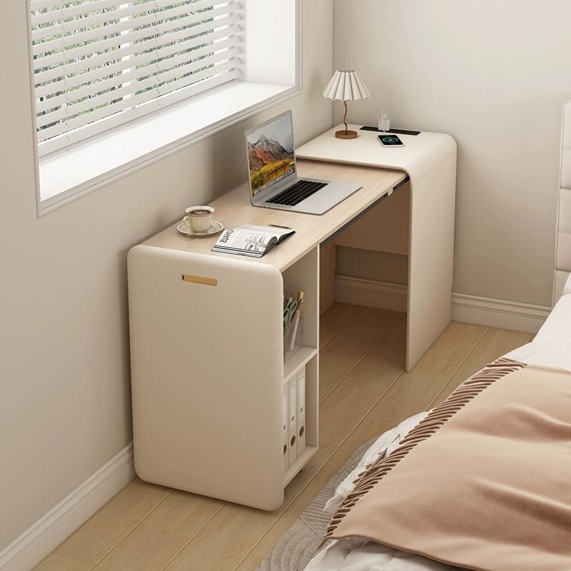 Cream-Colored Foldable Invisible Solid Wood Desk and Bookcase Integrated Home Bedroom Bedside Computer Storage Cabinet