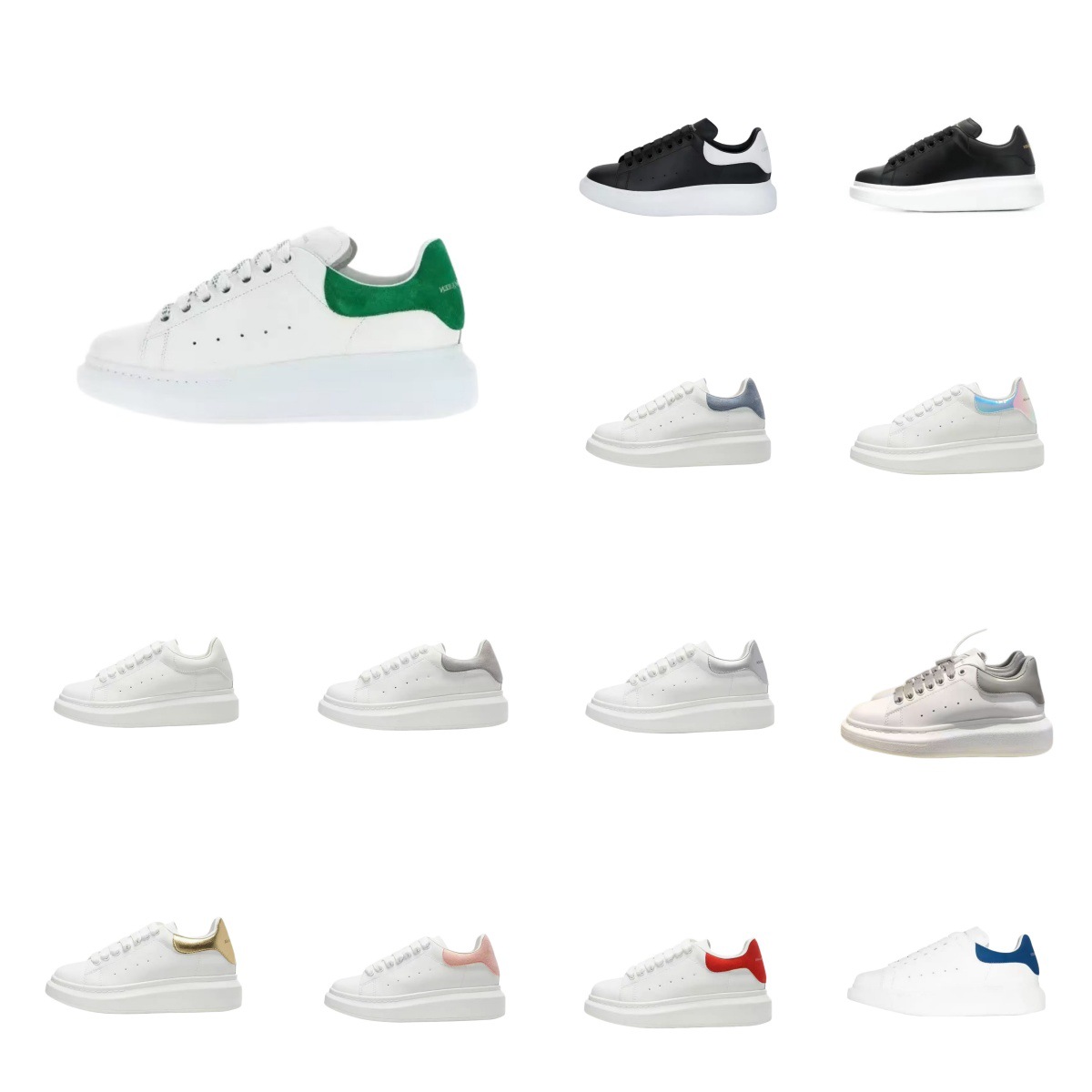 Cross-border Putian McQueen white sneakers with black leather and velvet, thick-soled versatile couple's casual shoes with internal height increase, sports casual shoes