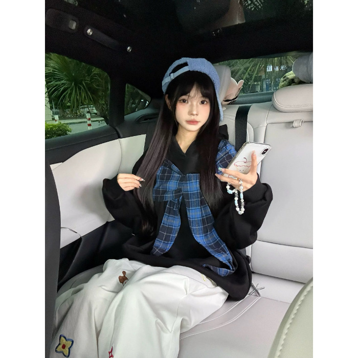 格子绑带拼接连帽卫衣女2025秋季新款宽松学生慵懒风美式chic外套|undefined