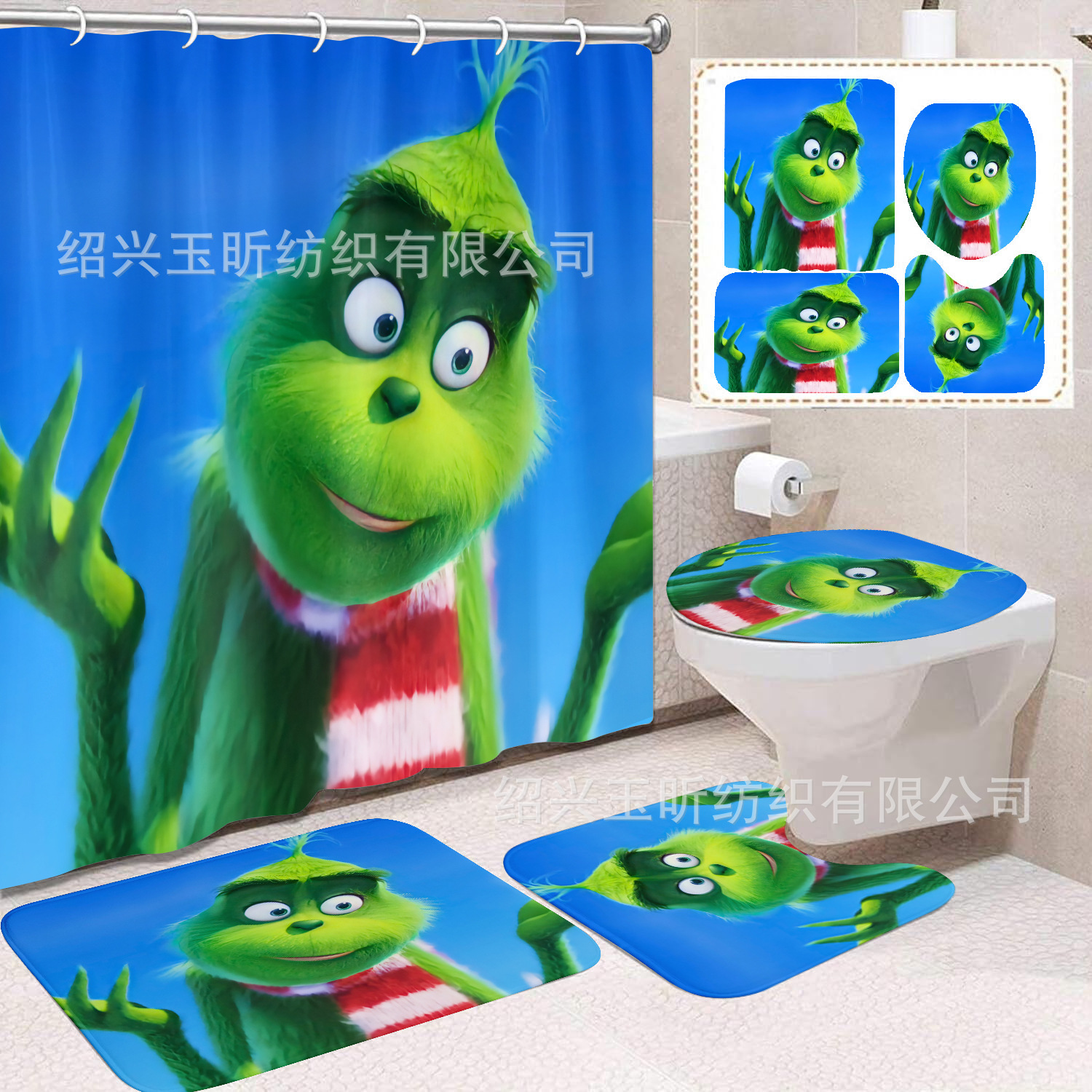 Tela de cortina de ducha transfronteriza, cortina de ducha impermeable, alfombra antideslizante de baño, juego de Grinch 4 de pelo verde al por mayor, sin perforación