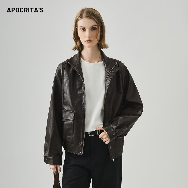 Apo Women's Clothing | Cross-Border Black Leather Jacket for Women, Cool and Sassy Autumn and Winter Gender-Neutral Loose Stand-Up Collar Motorcycle Jacket