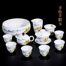羊脂玉功夫茶具套装手绘青花盖碗茶杯茶壶整套茶具礼品家用