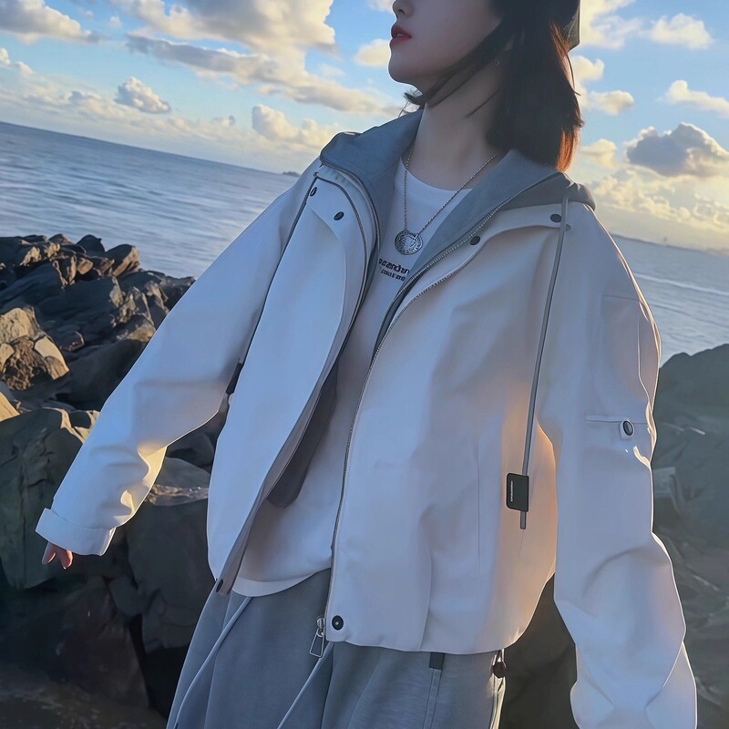 Korean Style Fake Two-Piece Baseball Jacket for Women, Autumn and Winter Hooded Windbreaker, Padded Jacket, Casual Loose Short Top