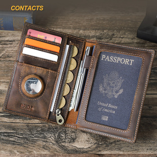 Black Angel Retro Crazy Horse Leather RFID Anti-theft Brush ID Bag Airtag Bit Family Couple Travel Passbook Bag