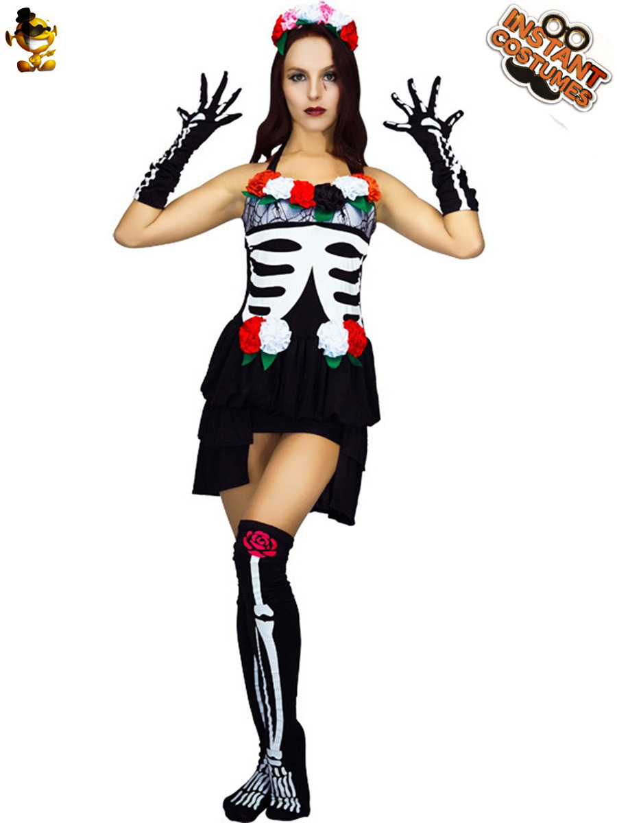 Halloween adulto hembra Undead Ghost hueso traje femenino cráneo mascarada partido juego de rol traje de escenario image 1