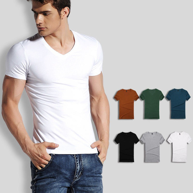Short-sleeved T-shirt men's V-neck solid color white T-shirt tight slim fit chicken collar summer inner white bottoming shirt men