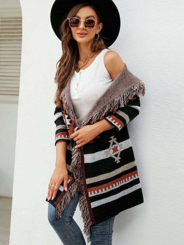 Transfronterizo 2023 otoño e invierno europeo y americano suelto con capucha suéter largo abrigo borla geométrica jacquard suéter cardigan image 4