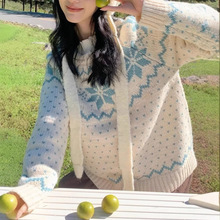 【海屿白鸽】日系蓝白雪花柄复古毛衣加厚羊毛套头外套