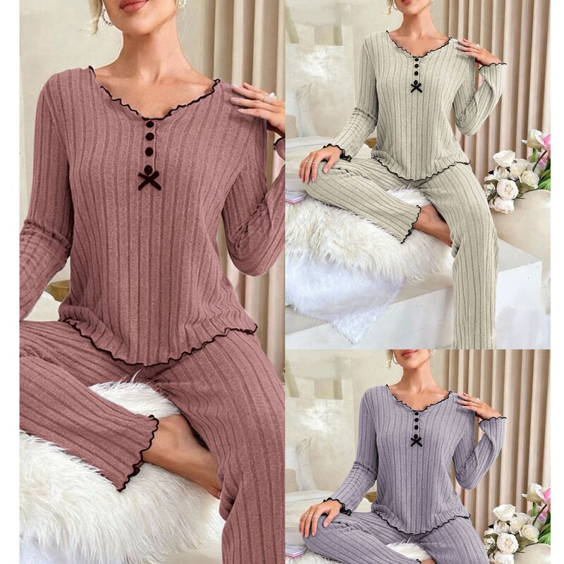 Cross-Border European and American Autumn and Winter Hot-Selling Brushed Pit Strips Solid Color Curled Simple Pajamas Set Comfortable and Warm Home Clothes Cross-Border European and American Autumn and Winter Hot-Selling Brushed Pit Strips Solid Color Curled Simple Pajamas Set Comfortable and Warm Home Clothes