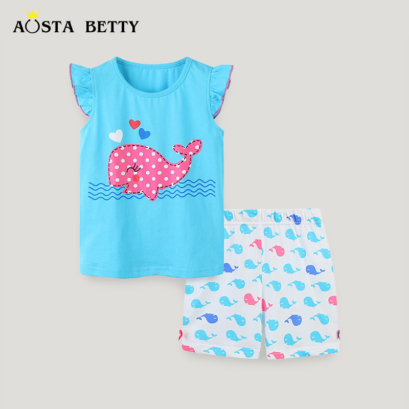 Summer European and American style girls' two-piece set with animal cotton shorts and short sleeves, casual and fashionable.
