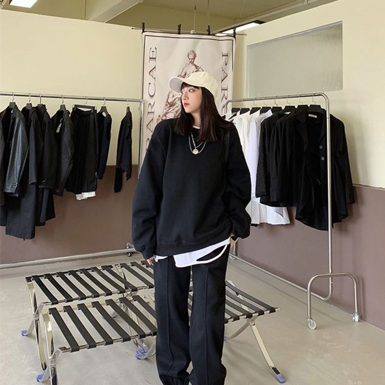 时尚运动服套装女秋冬季慵懒风色宽松圆领卫衣束脚裤休闲两件套|undefined