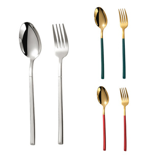 Cross-border stainless steel spoon Knight Western tableware fork bright square handle spoon Fork home large spoon Fork titanium plated wholesale