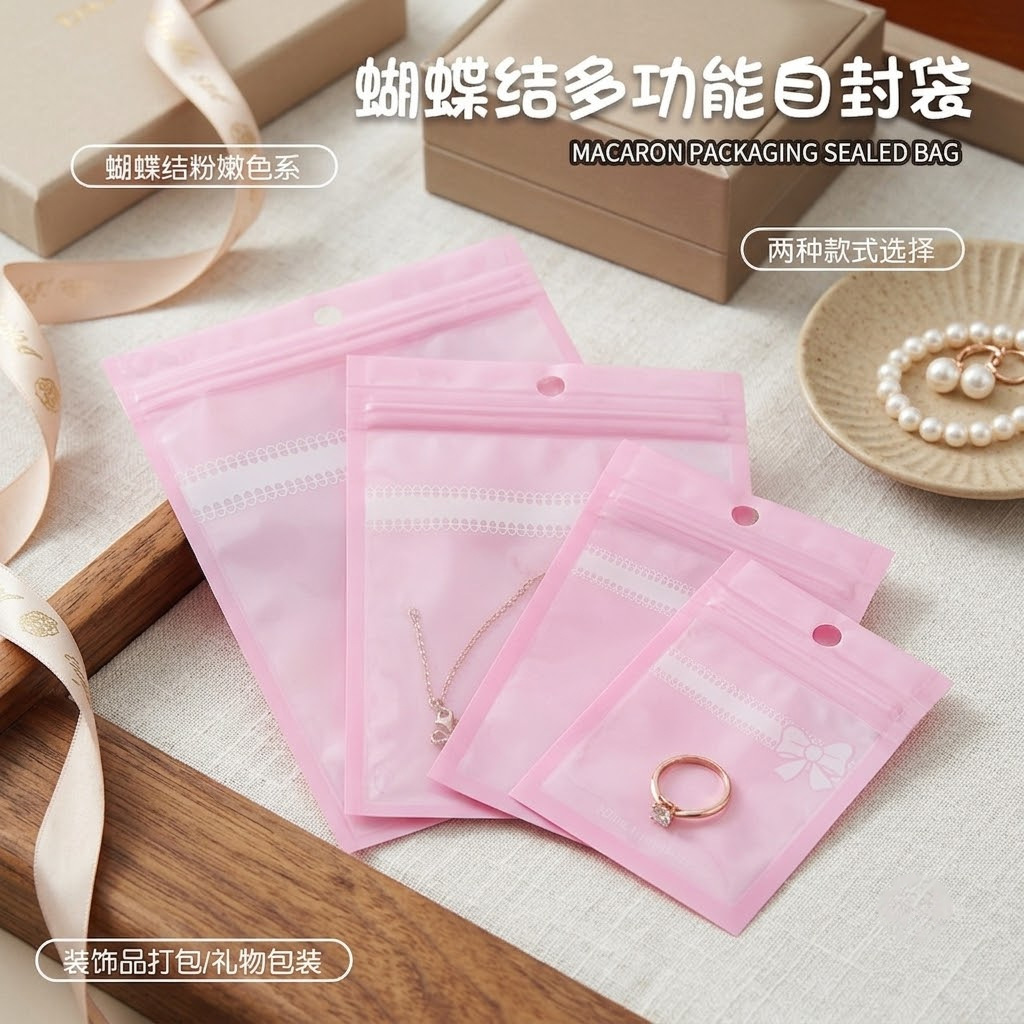 项链饰品密封自封袋粉色蝴蝶结粉扑化妆品包装袋耳环防氧化塑料袋