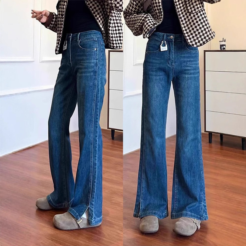 Split micro-jeans women's 2025 spring and autumn plus size pear-shaped figure temperament slim high waist stretch flared pants Split micro-jeans women's 2025 spring and autumn plus size pear-shaped figure temperament slim high waist stretch flared pants