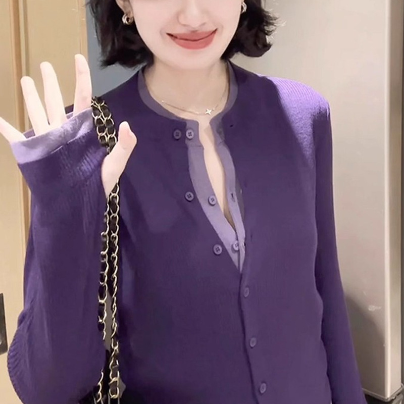 高JI感紫色假两件针织开衫外套女早秋撞色拼接毛衣外穿气质小上衣|undefined