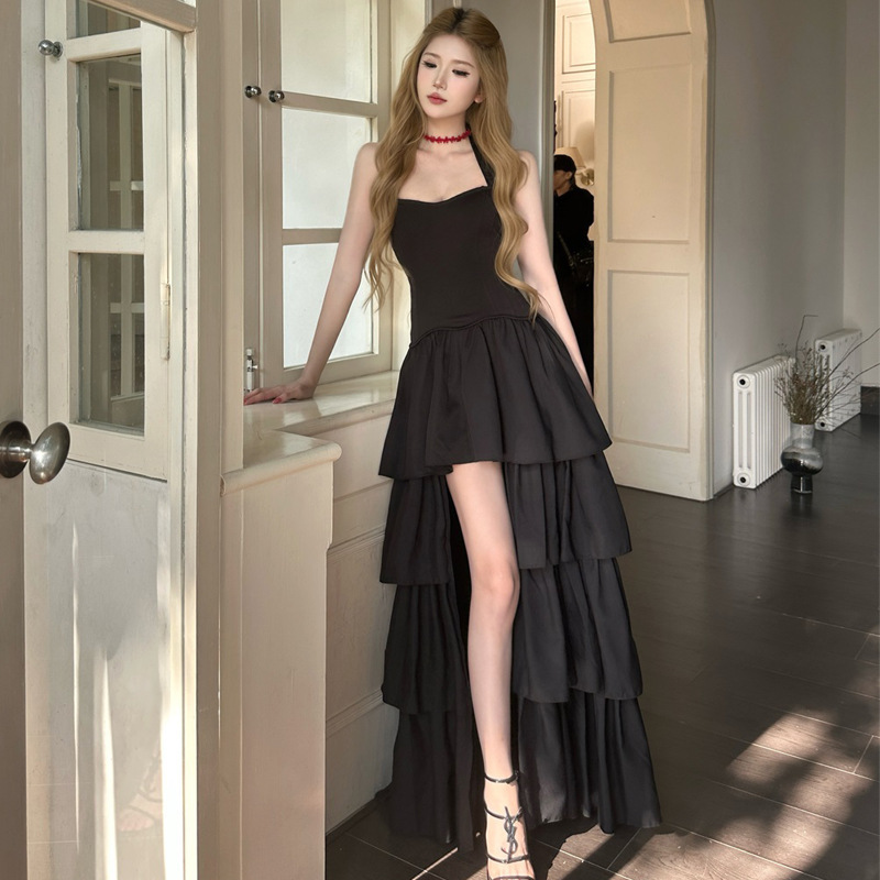 Black Dress for Women, Waist-Cinching Multi-Layered Cake Dress, Birthday Holiday Dress, Irregular Halter Neck Long Dress, Spaghetti Strap Dress