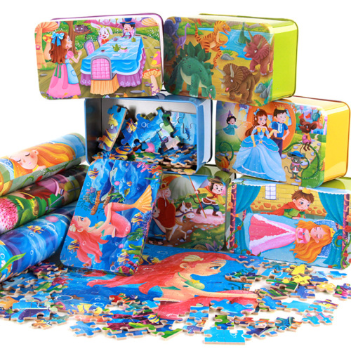 New 60-Piece 100-Piece 200-Piece Wooden Puzzle Children's Cartoon Anime Flat Puzzles Iron Box Wooden Toy