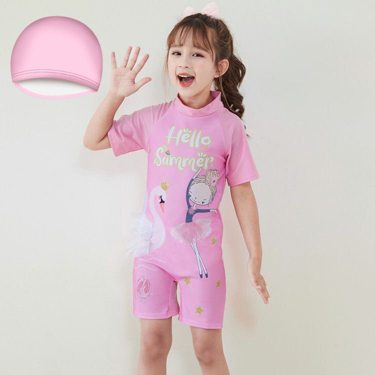 Traje de baño de una pieza para niñas, estilo caricatura, manga corta, pantalones cortos, traje de baño conservador con diseño patentado.
