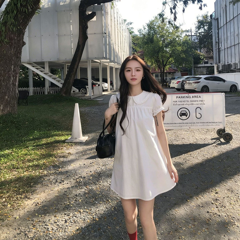 First Love Little White Dress, Sweet and Age-Reducing Doll Collar Short-Sleeved Dress for Spring and Summer, Loose Short Dress for Petite People First Love Little White Dress, Sweet and Age-Reducing Doll Collar Short-Sleeved Dress for Spring and Summer, Loose Short Dress for Petite People