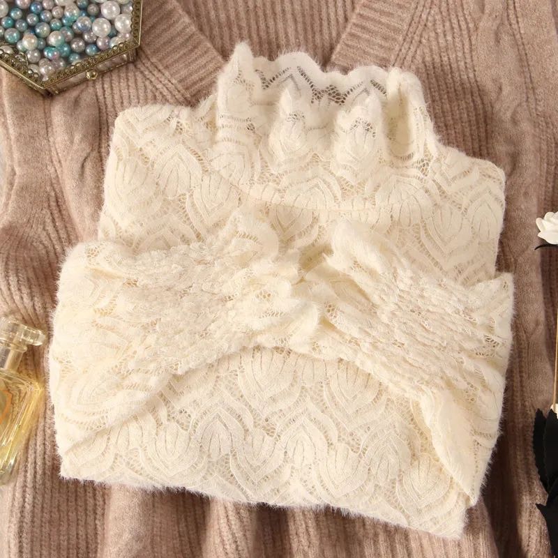 Full-Body Fleece-Lined Thick Lace Base Shirt High-Neck Stylish Fashion Slim-Fit Versatile Women's Warm Clothing