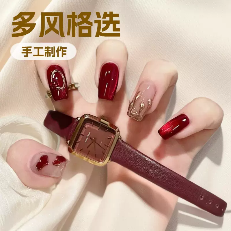 抖音爆款穿戴甲中长款纯欲ins冰透爱心飘带穿戴式指甲片美甲甲片