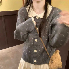 复古娃娃领毛衣女款2025新款秋冬季短款设计感小众针织开衫外套潮