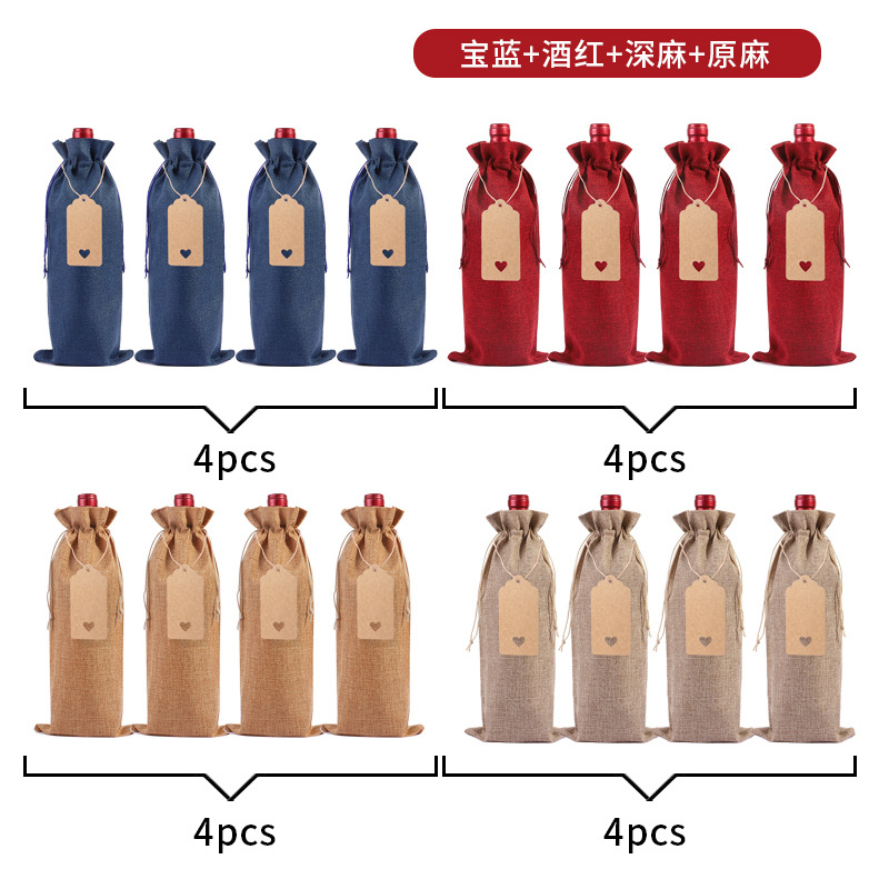 Suministro directo de fábrica bolsa de botella de vino de lino traje ciego degustación de vino botella cubierta de lino etiqueta bolsa de embalaje de vino tinto en stock al por mayor
