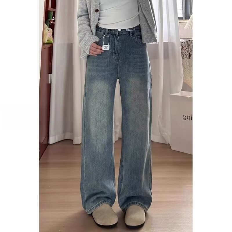 Vintage Blue Straight Jeans Women's Spring New High Waist chubby girl Slimming Pear Shape Body Loose Wide Leg Long Pants