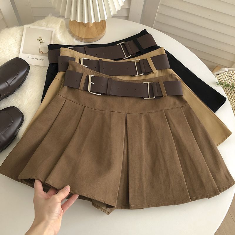 2025 New Autum Korean Style Versatile Anti-Exposure Khaki Skirt with Belt High Waist Pleated Skirt for Women