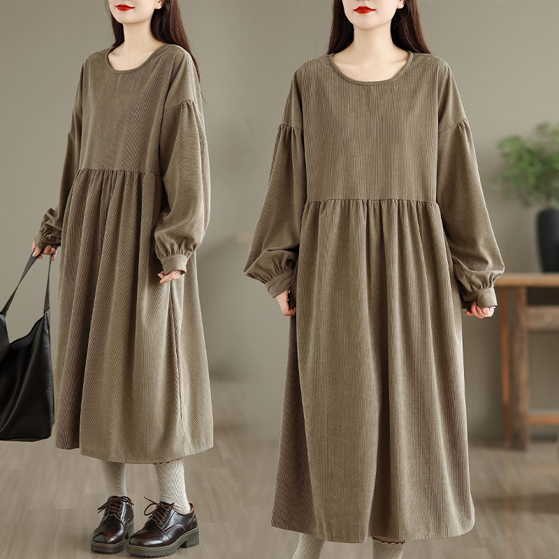 Autumn and Winter Textured Corduroy Artistic Sweet Puff Sleeve Dress New Khaki Loose Long-Sleeved Dress