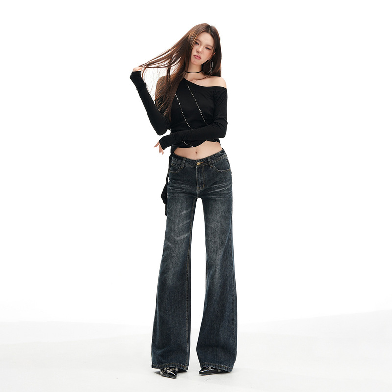【Jin Yin】American Retro Low-Waist Slim-Fit Flared Jeans for Women, High Street Narrow Straight-Leg Non-Tight Floor-Length Pants 【Jin Yin】American Retro Low-Waist Slim-Fit Flared Jeans for Women, High Street Narrow Straight-Leg Non-Tight Floor-Length Pants