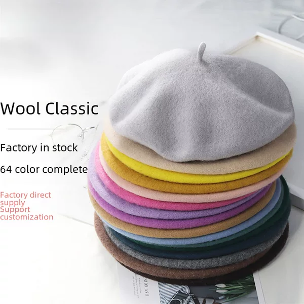 Solid Color Wool Beret Custom-Made Factory Direct Sale Women's British Style Beret Small Batch Processing Artist Hat