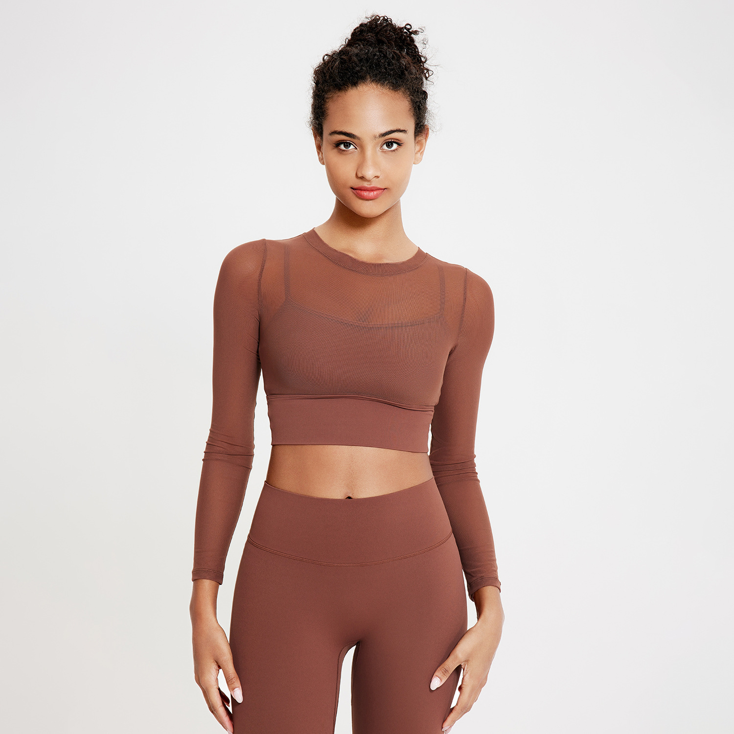 Sexy Mesh round Neck Yoga Clothes Long Sleeve Running Quick Drying Sports  Bra One Piece Cup Workout Clothes Top | FondMart