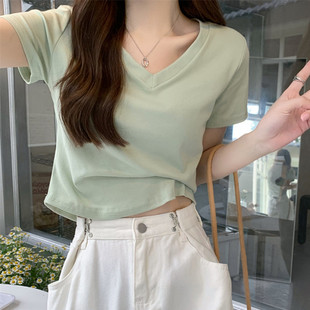 Short-Sleeved Right Shoulder T-Shirt for Women 2025 New Summer Collarbone V Neck Shirt Color High Waist Slim Short Top T-Shirt