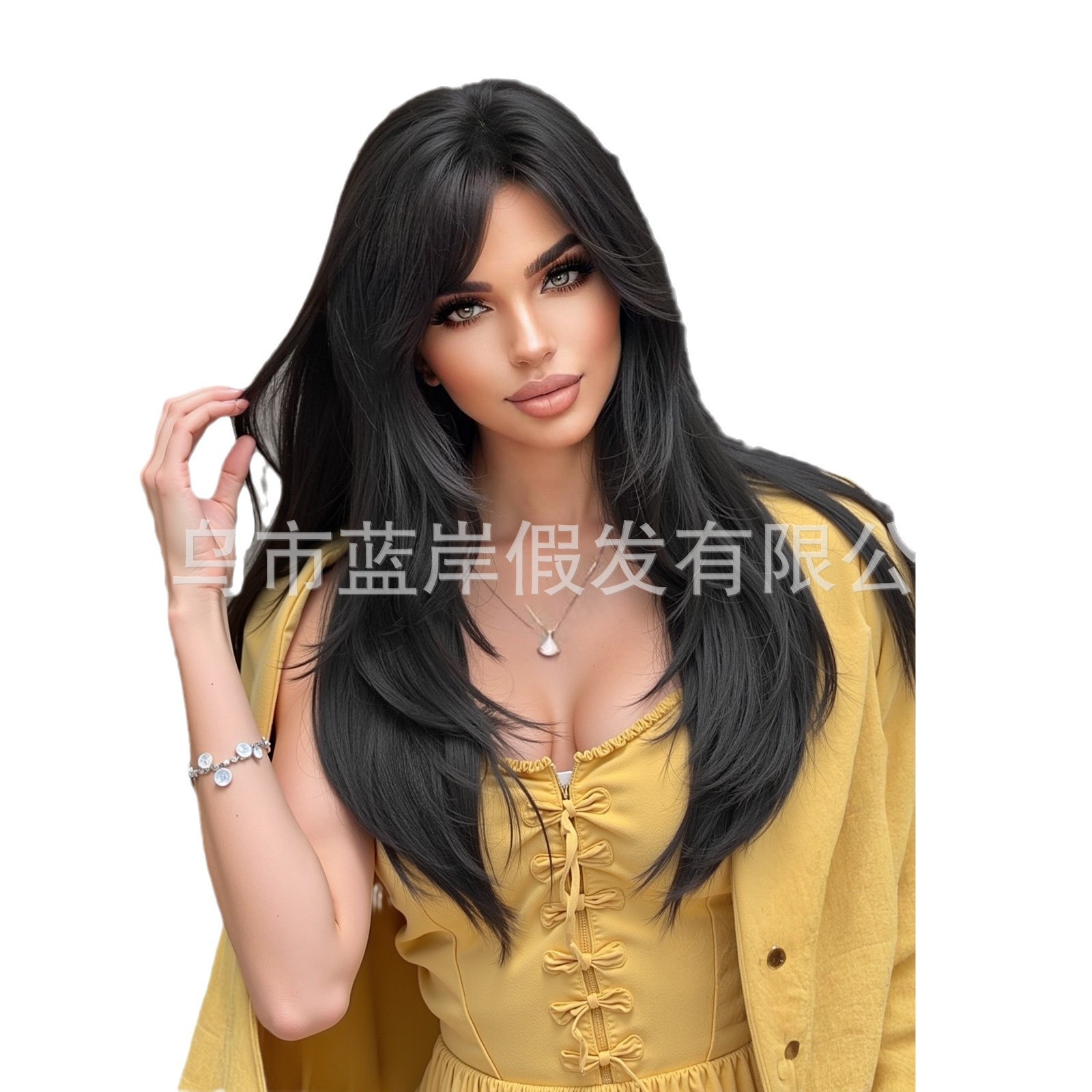 Peluca de pelo largo de las mujeres flequillo de ocho palabras Estilo europeo y americano pelo largo y rizado moda en línea Red Anchor simulación completa cabeza cubierta peluca