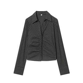 21158-新品欧美风女装长袖褶皱修身显瘦格纹衬衫女式