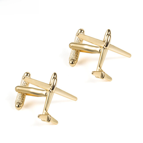 Personalized metal polished gold airplane cufflinks for men, French-style shirt cufflinks.
