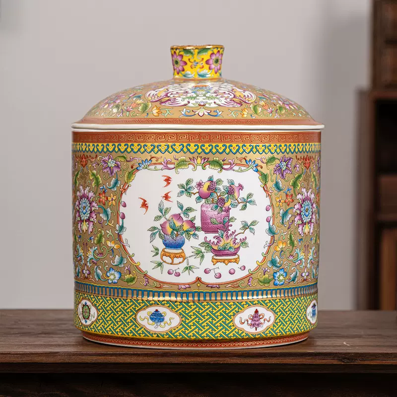 景德镇珐琅彩茶叶缸陶瓷大号带盖普洱白茶饼密封七子饼装家用罐子