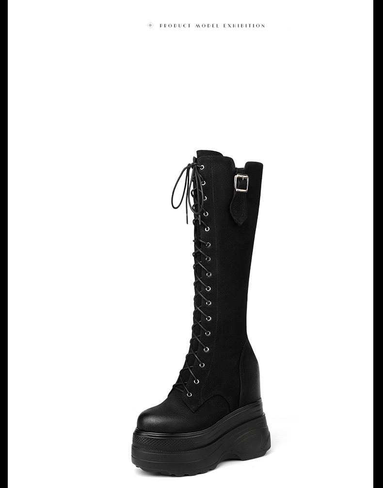 Boot Martin nữ tăng chiều cao đế dày 14 cm, phong cách thu đông — Màu đen lót nhung chi tiết 12