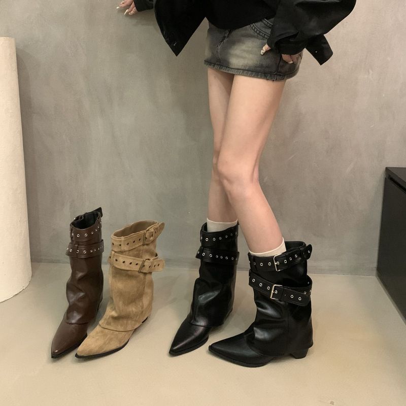 美式辣妹皮带扣裤管靴短筒靴女靴2025早秋新款小众设计短靴西部靴|undefined