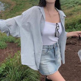 BF风条纹衬衫女早秋新款上衣宽松慵懒风单排扣开衫小清新长袖衬衣