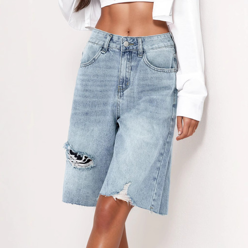 2025 Cross-border Summer New American High-Waist Retro Frayed Denim for Women Distressed Loose Hemmed Five-Pocket Pants