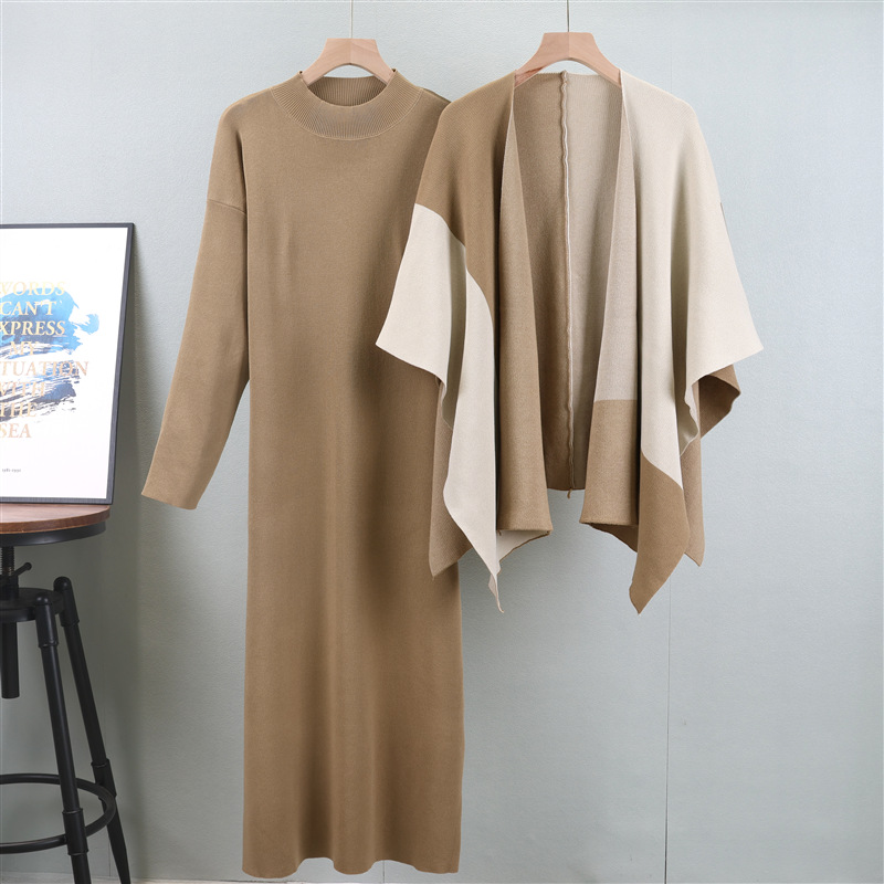 Women's Clothing 2024 knitted suit autumn and winter new contrast color cape shawl + half high collar knitted dress two piece suit_voghion.com