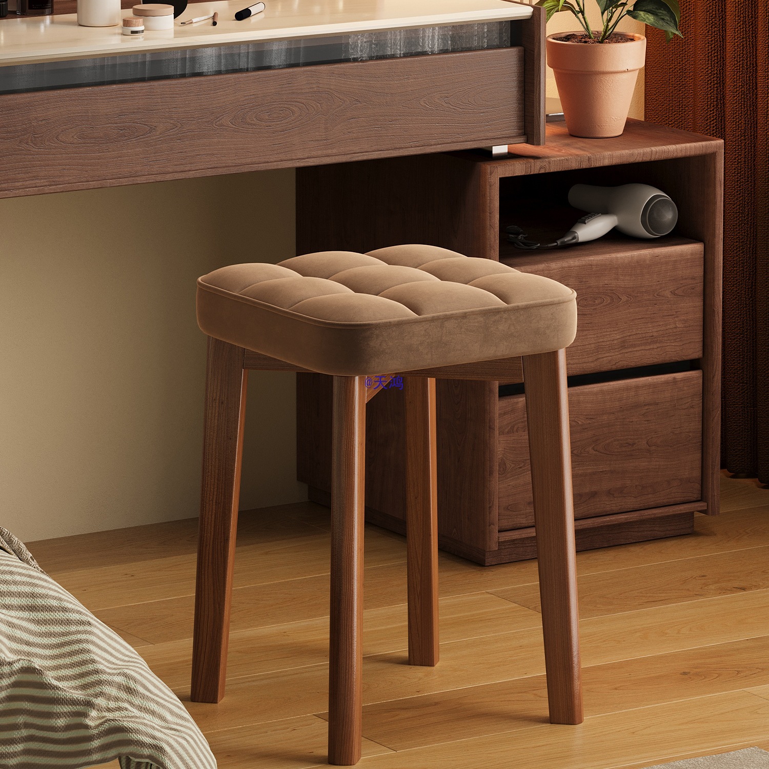 Solid Wood Stool Makeup Stool Girls Bedroom Home Dressing Table Chair Manicure Square Stool Soft Bag Bench Accessible Luxury