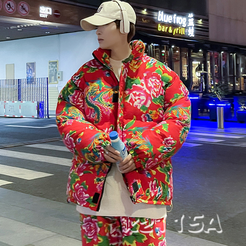 겨울 동북 큰 꽃 두꺼운 따뜻한 코튼 코트 중국 스타일 느슨한 플러스 사이즈 남녀 코튼 코트 전국 패션 코튼 코트