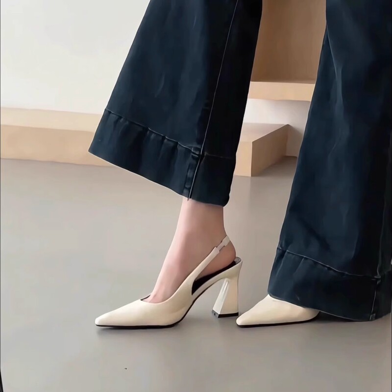 in stock and fast delivery! creamy-white Genuine Leather Elegant High Heels Women's Thick Heel Pointed Hare Sandals Cyber Celebrity All-match Single-layer Shoes