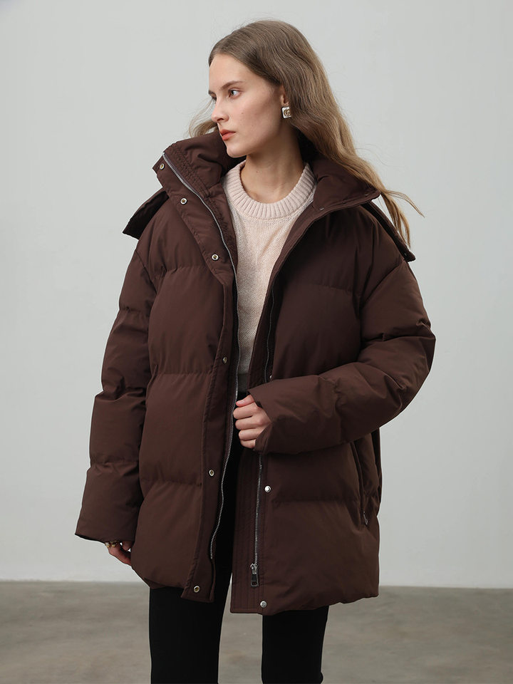 Áo khoác bông nữ có mũ, khóa kéo, thắt eo dáng ôm, dài trung bình, chất liệu polyester dày — màu nâu, màu đen, quả mơ chi tiết 42