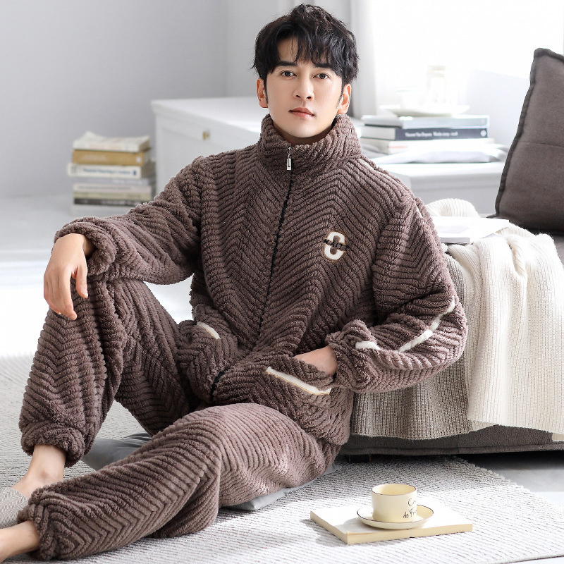 2025 New Winter Men's Pajamas Autumn and Winter Coral Velvet Fleece-Lined Thickeneded Plush Warm Home Wear Set