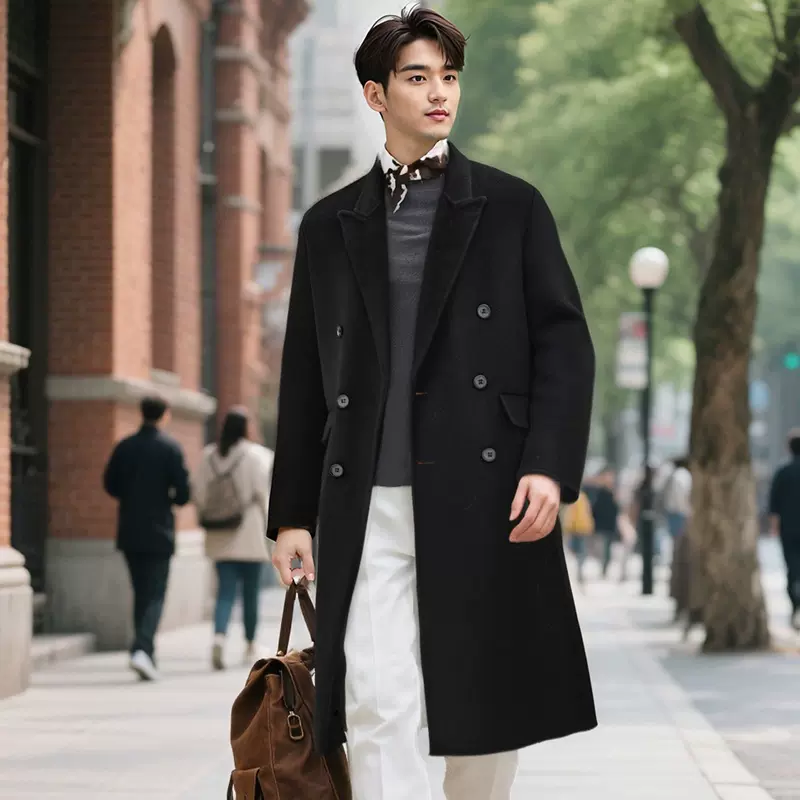 秋冬男士100%羊毛大衣过膝超长款韩版休闲双面羊绒毛呢子外套加厚